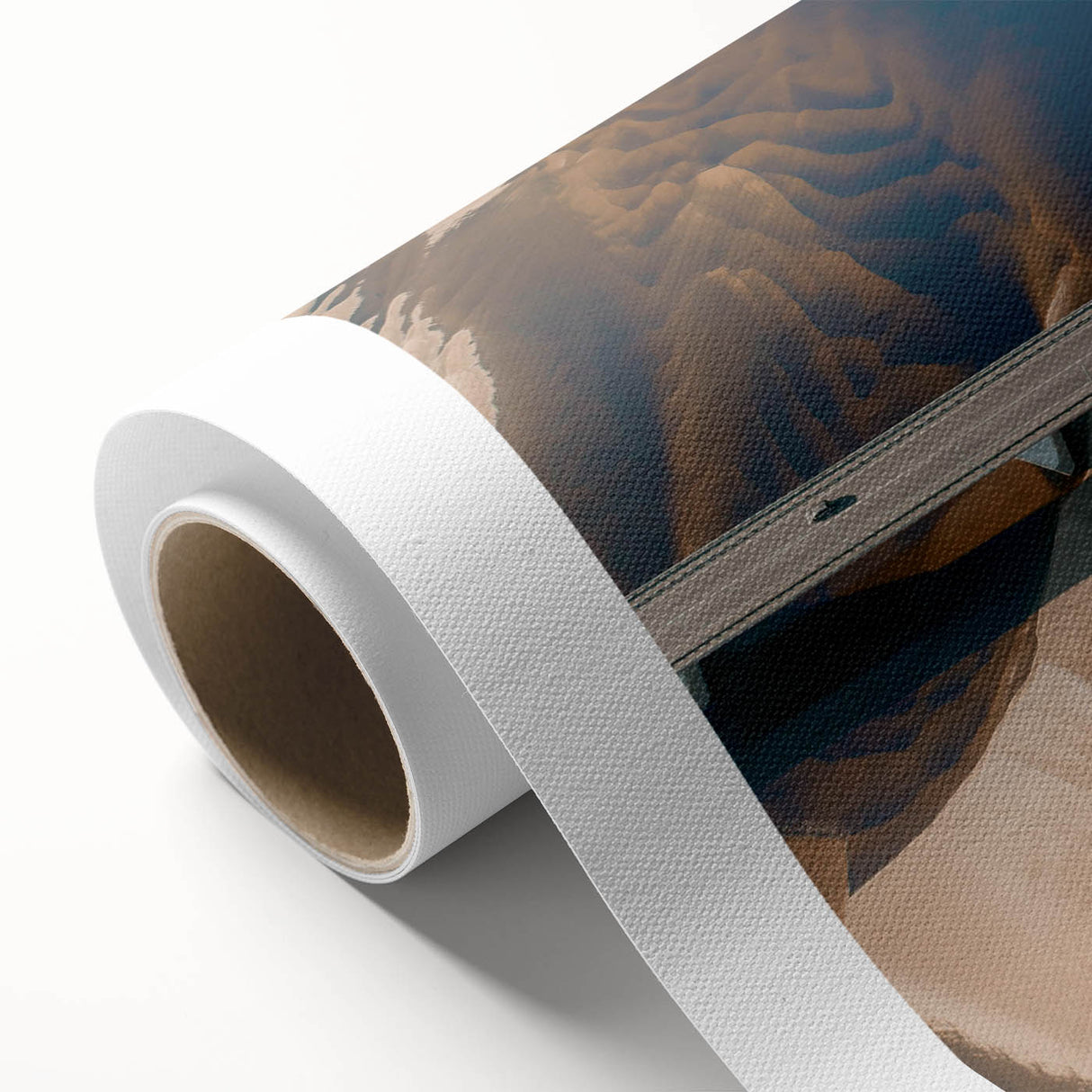 Rolled canvas artwork showcasing a vibrant landscape bridge design, featuring rich colors and intricate details, ideal for home or office decor.