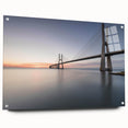 Acrylic glass wall art collection showcasing a vibrant landscape design with a bridge, featuring a side view and mounted with pins for display. Ideal for modern home decor.