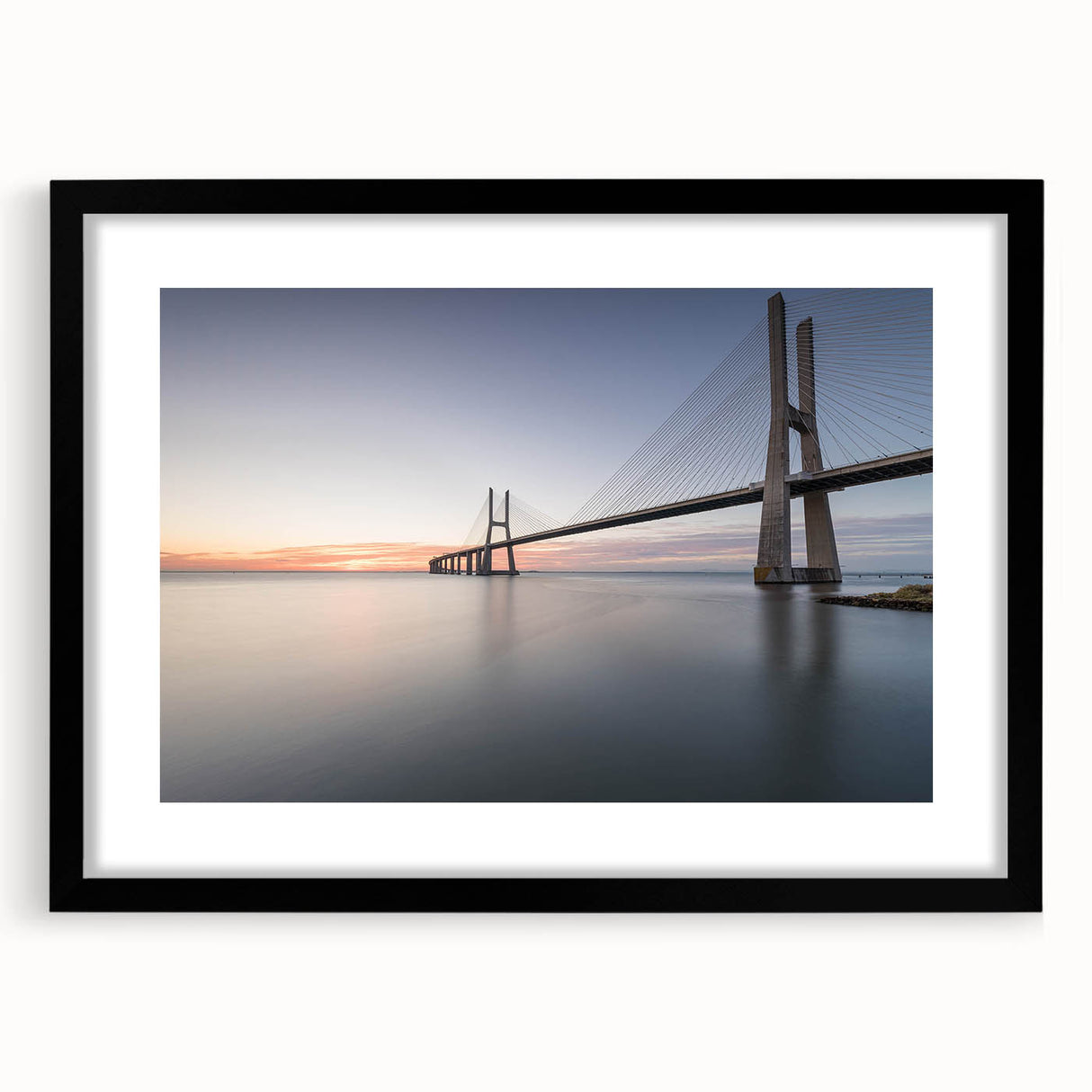 Black-framed wall art showcasing a stunning landscape bridge design, featuring vibrant colors and intricate details, perfect for enhancing modern home decor.