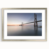 Framed silver wall art showcasing a modern landscape bridge design, elegantly matted, perfect for contemporary home decor and interior design enthusiasts.