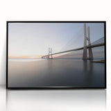 Framed acrylic wall art showcasing a serene landscape with bridges, featuring a sleek black frame and modern design, ideal for contemporary home decor.