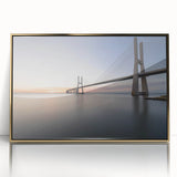Framed wall art featuring a modern landscape bridge design, set against a gold-accented background, perfect for contemporary home decor. The piece combines vibrant colors with elegant framing, adding a touch of sophistication to any room.