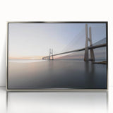 Framed acrylic wall art featuring a contemporary landscape bridge design in silver tones, showcasing a modern aesthetic perfect for home decor.