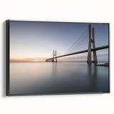Framed canvas wall art showcasing a modern bridge landscape design with a black frame, highlighting intricate details and vibrant colors, perfect for contemporary decor.