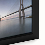 Close-up view of a framed canvas wall art showcasing a vibrant landscape bridge design, featuring rich colors and intricate details, perfect for home decor enhancement.