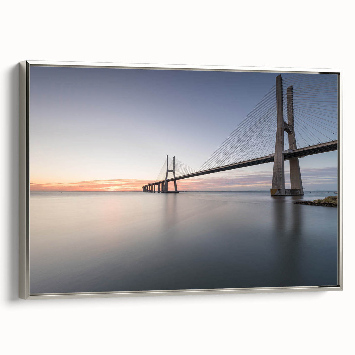 Framed canvas wall art featuring a modern bridge design in silver tones, showcasing a sleek side view, ideal for contemporary home decor.