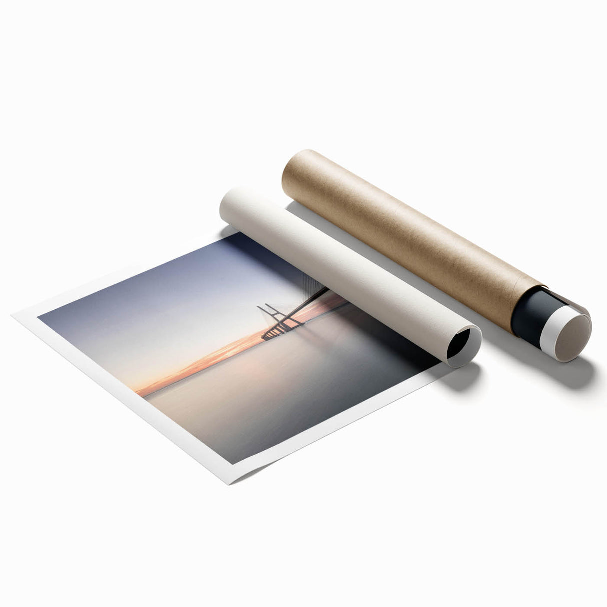 Rolled print of a serene landscape featuring a modern bridge over a tranquil river, showcasing vibrant blues and greens, ideal for home decor or office art.