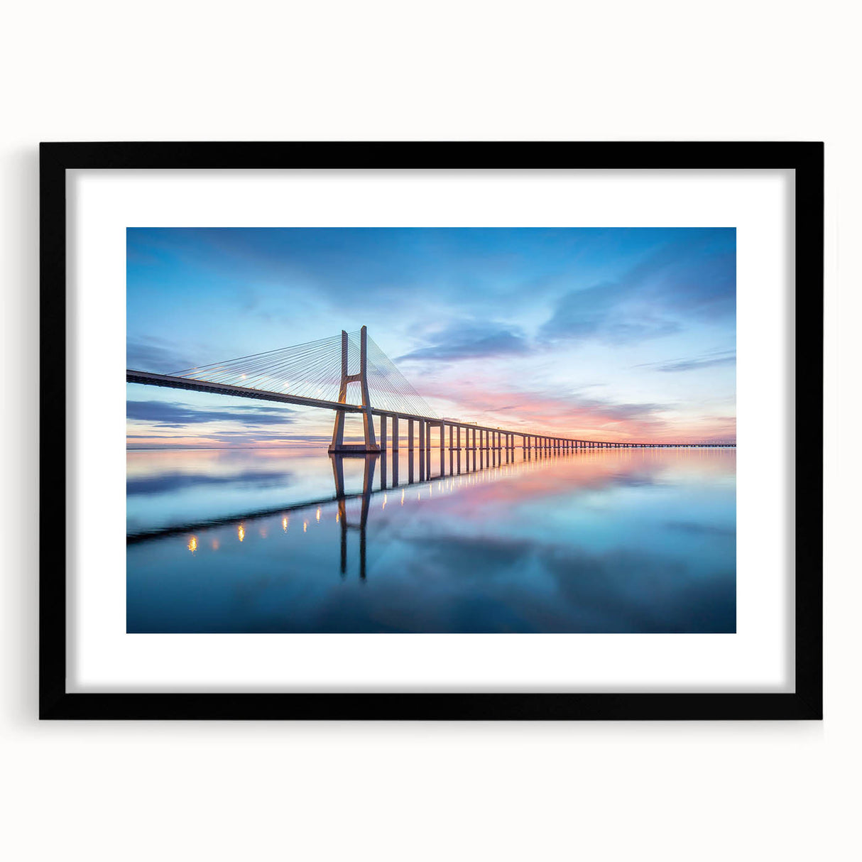 Framed black wall art featuring a serene landscape bridge design, showcasing vibrant colors and intricate details, ideal for modern home decor. The mat adds a polished touch, enhancing its aesthetic appeal.