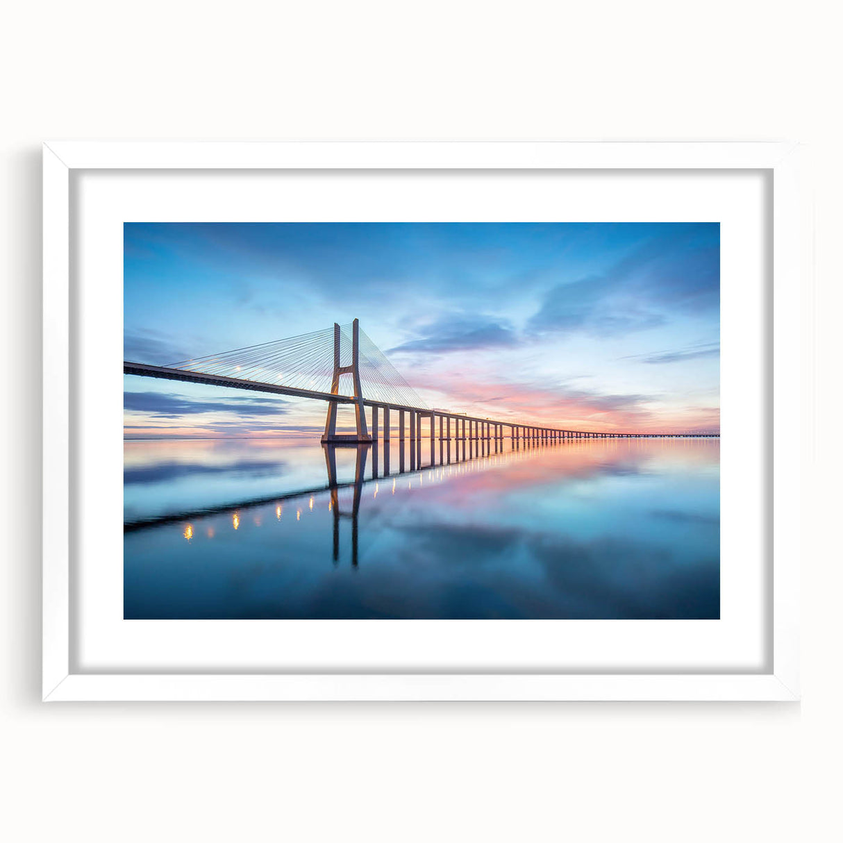 Framed landscape wall art collection showcasing serene bridges in natural settings, featuring a white mat and decorative frame, ideal for home decor enhancement.
