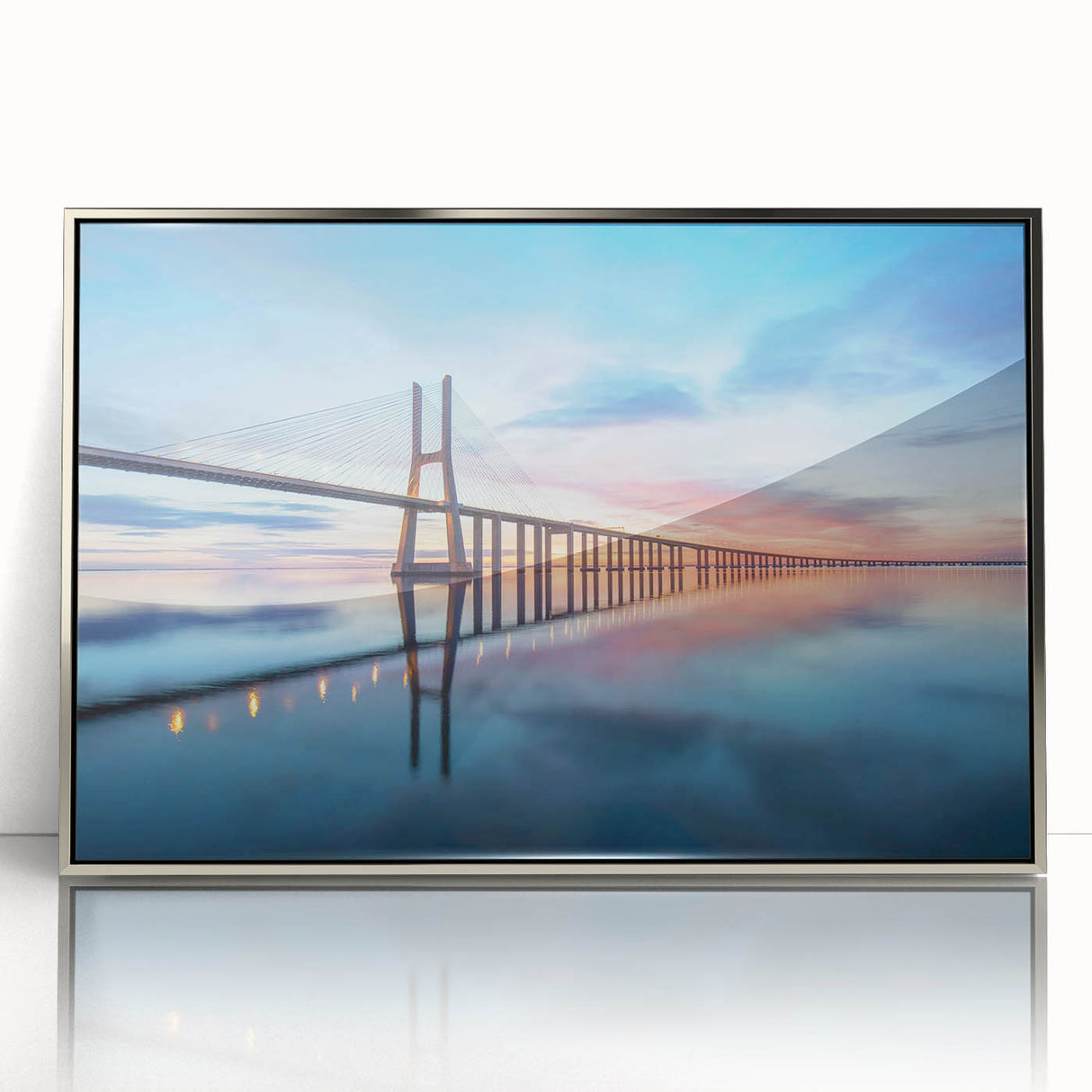 Framed acrylic wall art depicting a serene landscape with a bridge, showcasing vibrant colors and intricate details, perfect for home decor enhancement.