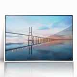 Framed acrylic wall art featuring a serene landscape bridge design, showcasing vibrant colors and intricate details, ideal for home decor enhancement.