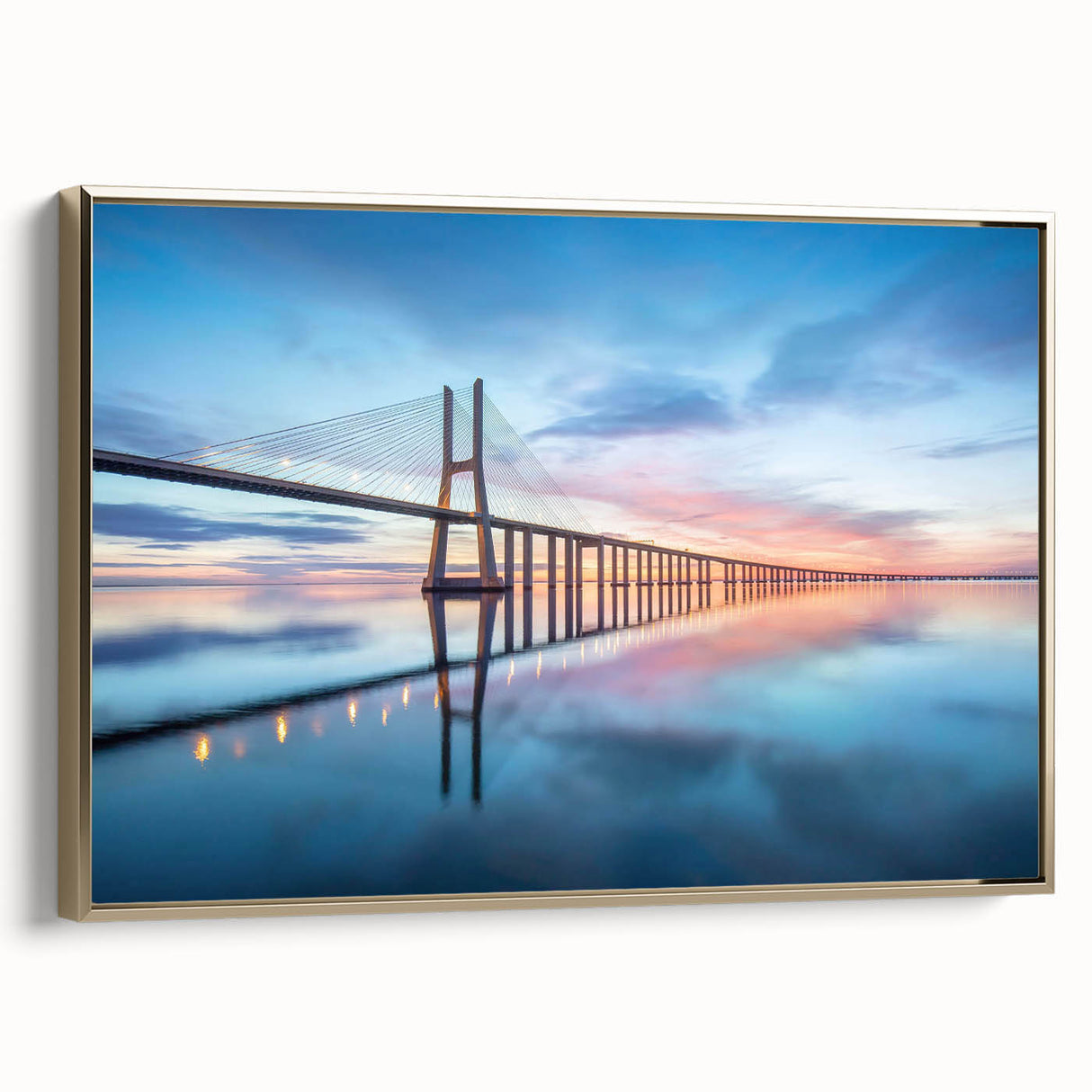 Framed canvas wall art showcasing a serene landscape with a bridge, accented by a gold frame, ideal for home decor. Perfect for enhancing living spaces with elegance.
