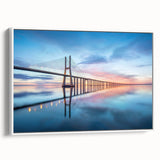 Framed canvas wall art showcasing a serene landscape with a bridge, featuring soft colors and modern design elements, perfect for home decor enhancement.
