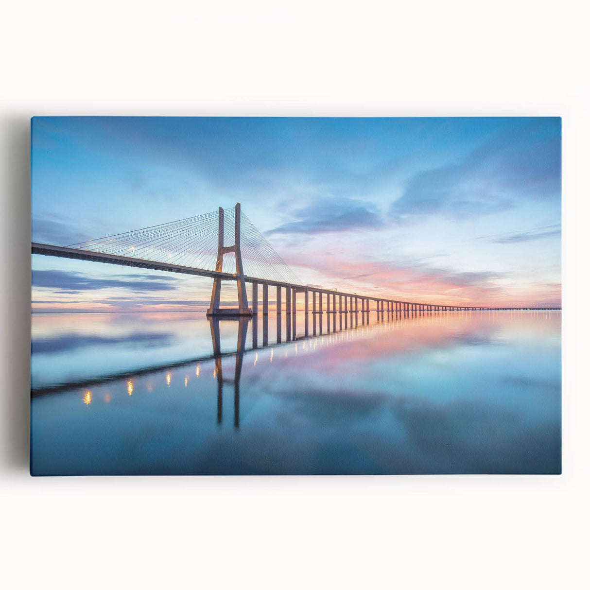 Stretched canvas wall art showcasing a vibrant landscape with a bridge, designed for home decor, emphasizing natural beauty and tranquility in living spaces.