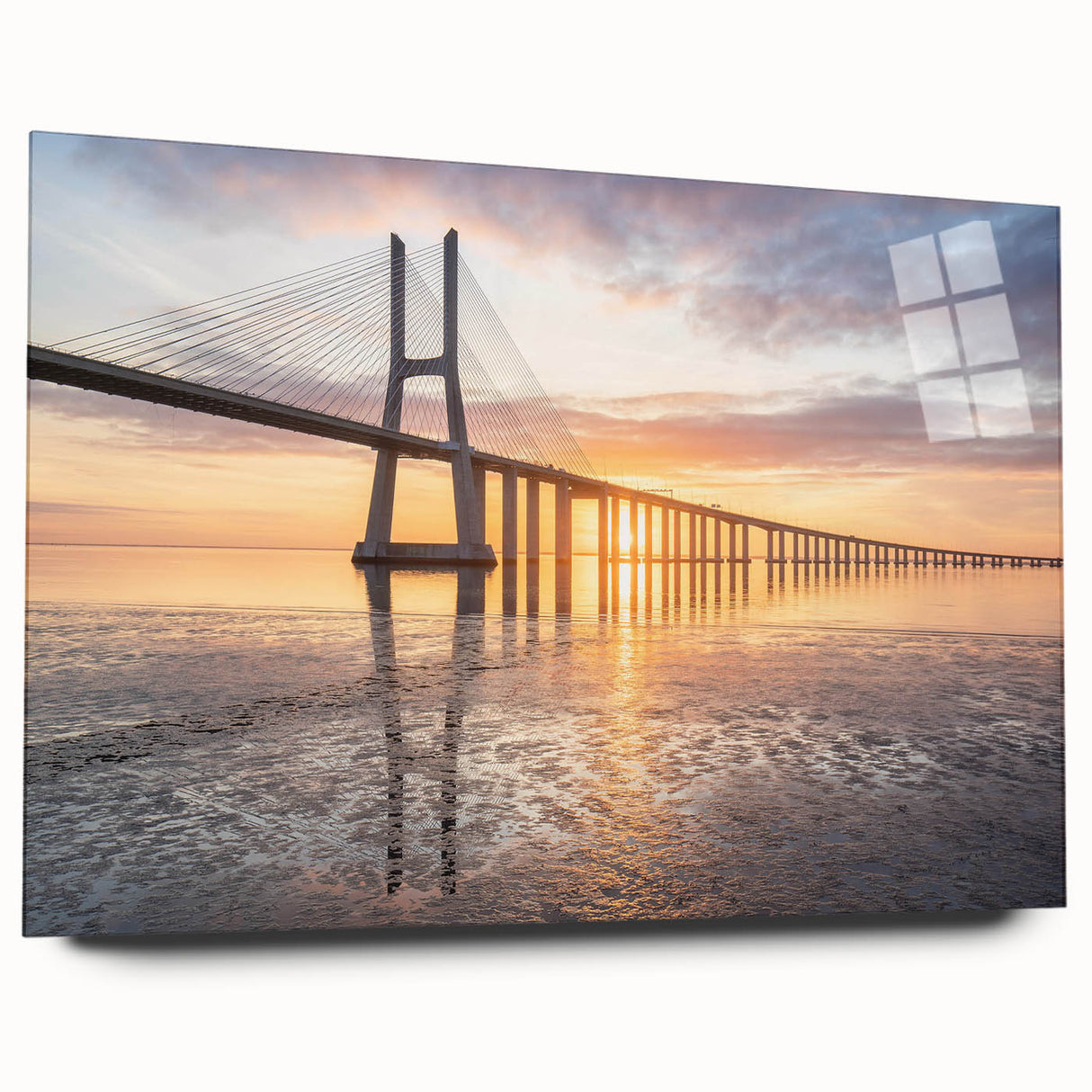 Acrylic wall art piece showcasing a stunning side view of a modern bridge landscape design, featuring vibrant colors and sleek lines, ideal for contemporary decor. Perfect for enhancing living spaces with a touch of elegance and artistic flair.