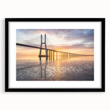 Framed wall art featuring a modern landscape bridge design with a black mat and sleek frame, ideal for home décor and enhancing interior aesthetics.