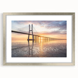Framed silver mat wall art showcasing a scenic landscape bridge design, perfect for modern home decor and interior design enthusiasts. Ideal for living rooms or offices.
