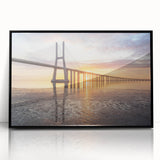 Framed acrylic wall art featuring a scenic landscape with a bridge, designed in a modern style. The artwork is showcased in a sleek black frame, perfect for enhancing any contemporary decor.