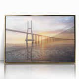 Framed acrylic wall art showcasing a stunning landscape with a golden bridge design, perfect for modern home decor. Ideal for enhancing living spaces and creating a serene atmosphere.