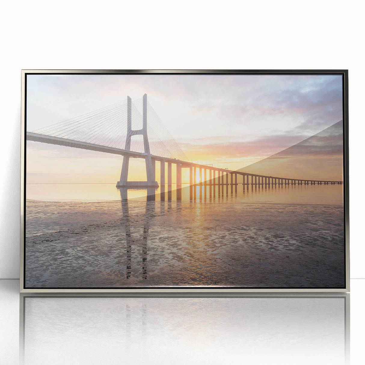 Framed acrylic wall art depicting a scenic bridge landscape, featuring vibrant colors and intricate details, designed to enhance modern home decor. Ideal for creating a calming atmosphere in living spaces.