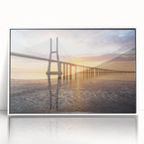 Framed acrylic wall art showcasing a modern landscape bridge design, featuring vibrant colors and a sleek white frame, ideal for contemporary home decor.