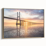 Framed canvas wall art showcasing a stunning landscape bridge design in gold tones, elegantly displayed from the side to highlight its detailed texture and premium finish. Perfect for modern home decor, this artwork adds sophistication and charm to any space.