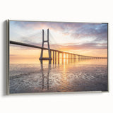 Framed canvas wall art showcasing a contemporary landscape bridge design with a silver frame, perfect for modern decor, highlighting tranquil colors and elegant lines.