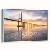 Framed canvas wall art depicting a serene landscape with a bridge, showcasing vibrant colors and intricate details, perfect for modern home decor.