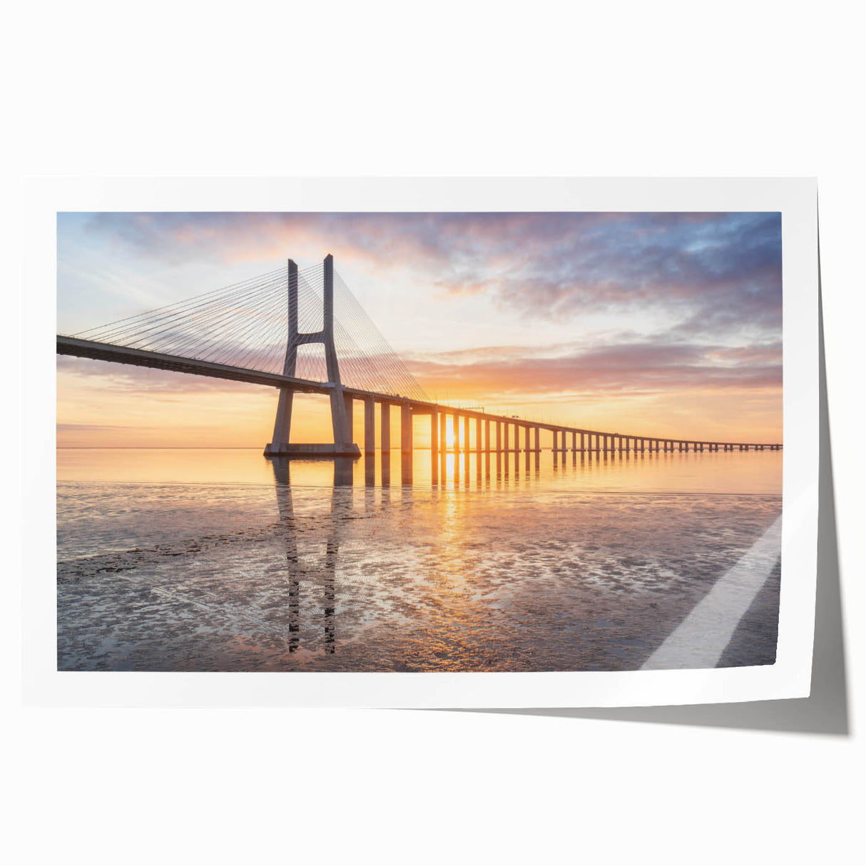 Vibrant rolled art print showcasing a serene landscape with a bridge, ideal for home decor, featuring soothing colors and a modern design aesthetic.