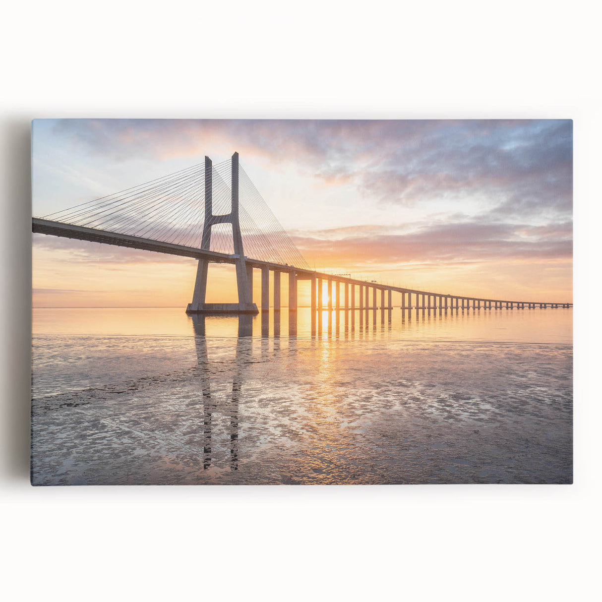 Stretched canvas wall art showcasing a vibrant landscape bridge design, featuring rich colors and intricate details, perfect for enhancing home decor.
