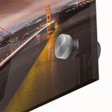 Close-up of a vibrant acrylic glass wall art piece showcasing a picturesque landscape bridge design, emphasizing intricate details and vivid colors, ideal for modern decor.