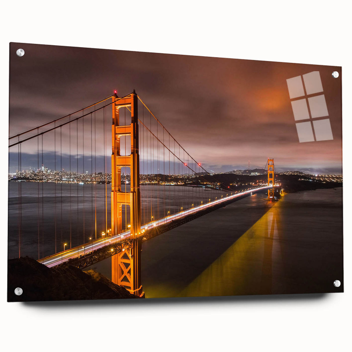 Acrylic glass wall art showcasing a modern landscape design featuring a bridge amidst a vibrant nature scene, mounted with pins for an elegant display.