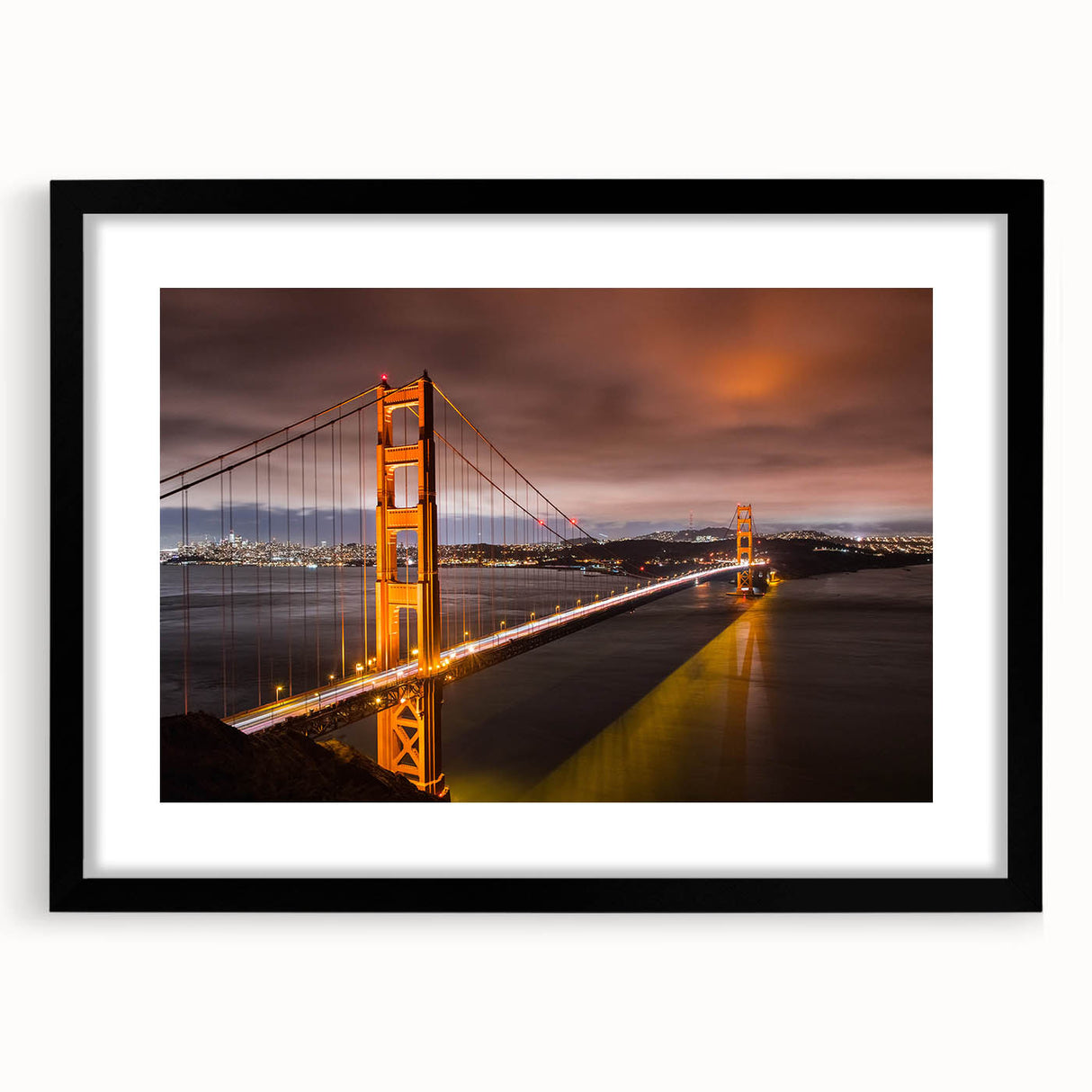 Framed wall art featuring a scenic landscape with a bridge design, presented in a sleek black frame with a mat, ideal for enhancing home décor and inspiration.
