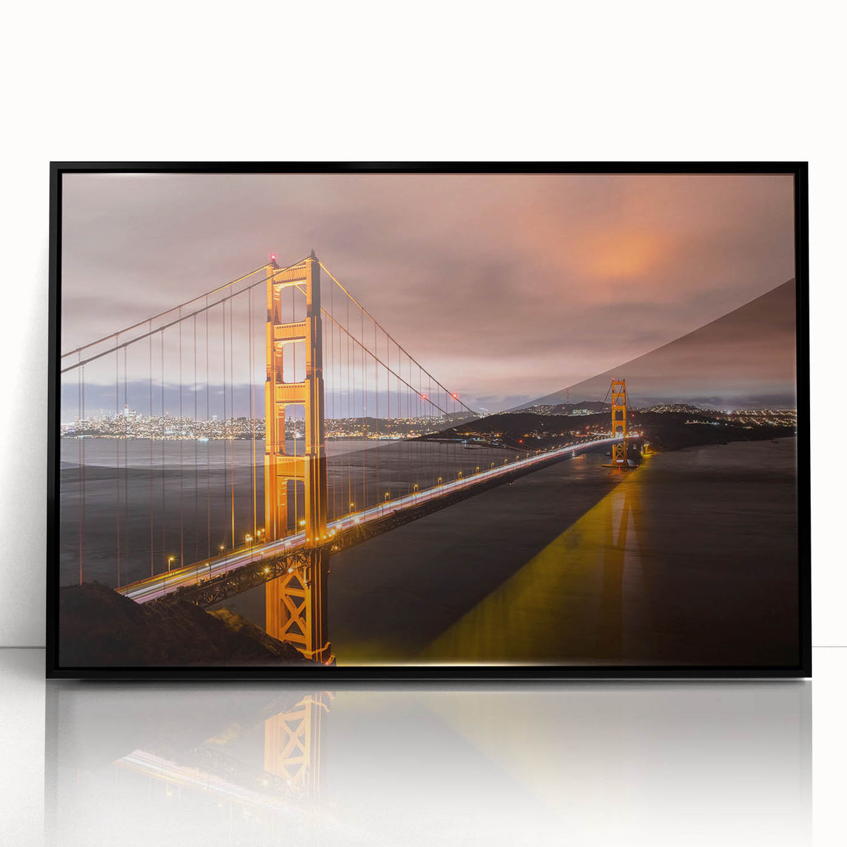 Framed acrylic wall art featuring a modern landscape design with a bridge, set against a black background, ideal for contemporary home decor.