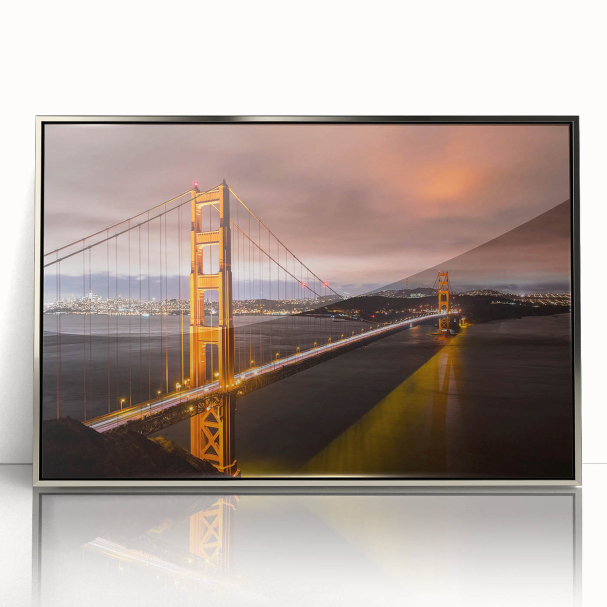 Framed wall art showcasing a modern landscape design depicting a serene bridge over water, featuring silver accents and a sleek acrylic front for a contemporary aesthetic. Ideal for enhancing living spaces with a touch of elegance and tranquility.