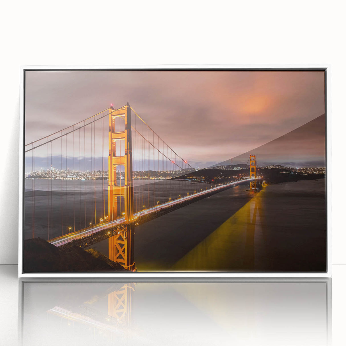 Framed acrylic wall art featuring a serene landscape bridge design, showcased in a sleek white frame, perfect for enhancing modern interior decor.