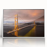 Framed acrylic wall art featuring a serene landscape bridge design, showcased in a sleek white frame, perfect for enhancing modern interior decor.