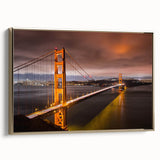 Framed canvas wall art showcasing a stunning landscape with a bridge, highlighted by gold accents. Perfect for modern home decor, adding elegance and tranquility.