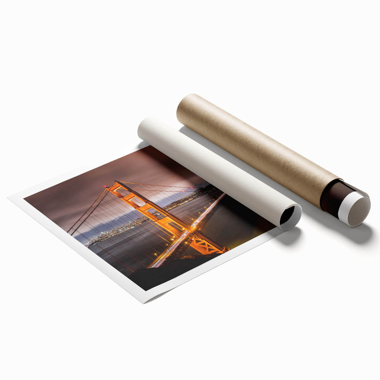 Vibrant rolled print of a serene landscape featuring a bridge over a tranquil river, ideal for home decor or office wall art, showcasing rich colors and intricate details.