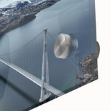 Close-up of an acrylic glass wall art piece showcasing a vibrant landscape bridge design, featuring rich colors and intricate details, perfect for home decor.