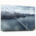 Side view of a modern acrylic wall art piece showcasing a vibrant landscapes and bridges design, elegantly displayed with pins, ideal for contemporary decor.