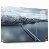 Side view of a modern acrylic wall art piece showcasing a vibrant landscapes and bridges design, elegantly displayed with pins, ideal for contemporary decor.