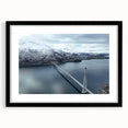 Framed wall art collection featuring a stunning landscape and bridge design, with a sleek black frame and white mat, perfect for modern decor and interior enhancement.