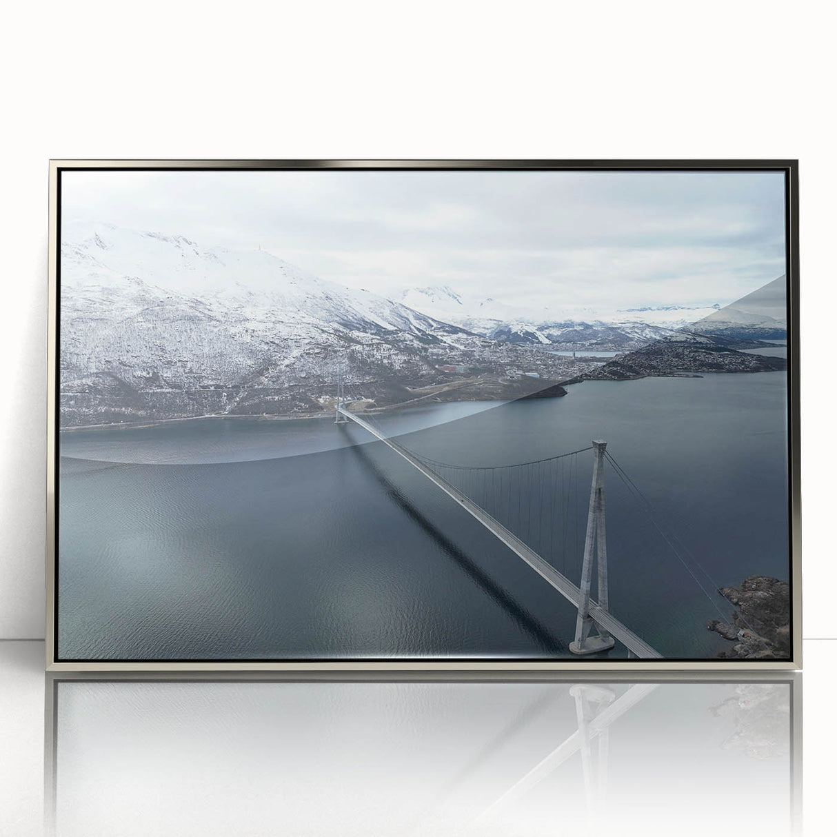 Framed acrylic wall art showcasing a stunning silver bridge design against a serene landscape, perfect for modern home decor. Ideal for enhancing living spaces.