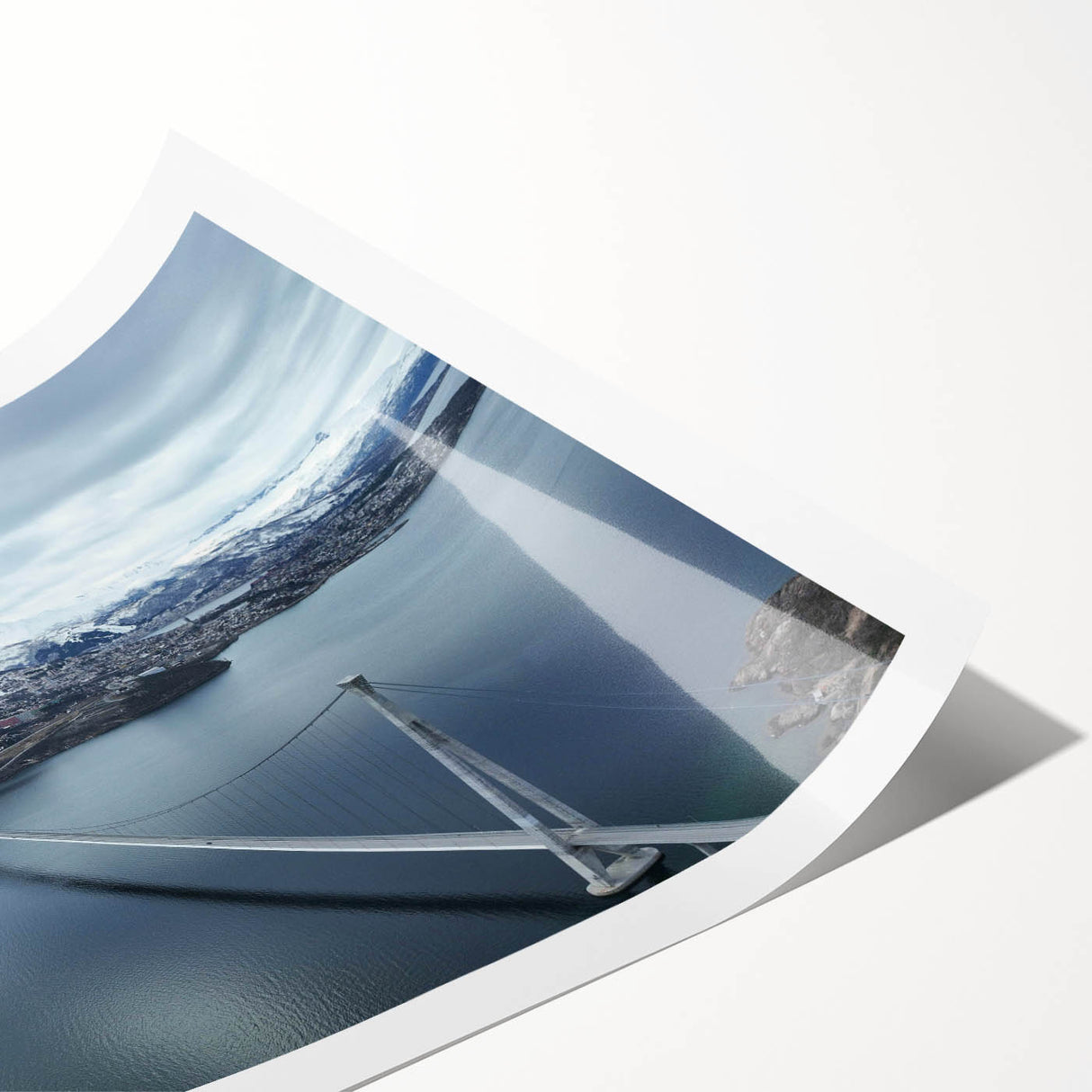 Vibrant rolled print showcasing a stunning landscape bridge design, capturing serene nature and intricate details, ideal for modern wall decor in home interiors.