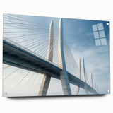 Acrylic wall art showcasing a vibrant landscape and bridge design, displayed in a stylish side view with decorative pins, perfect for modern home decor.