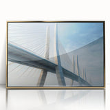 Framed wall art featuring a modern landscape design with a golden bridge, showcasing vibrant colors and intricate details, ideal for contemporary home decor.
