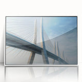 Framed acrylic wall art showcasing a serene landscape with a bridge, set against a tranquil blue sky. Ideal for home decor, adding elegance to any space.