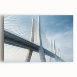 Stretched canvas wall art showcasing a vibrant landscape with a bridge, perfect for home decor, emphasizing serene colors and intricate details.