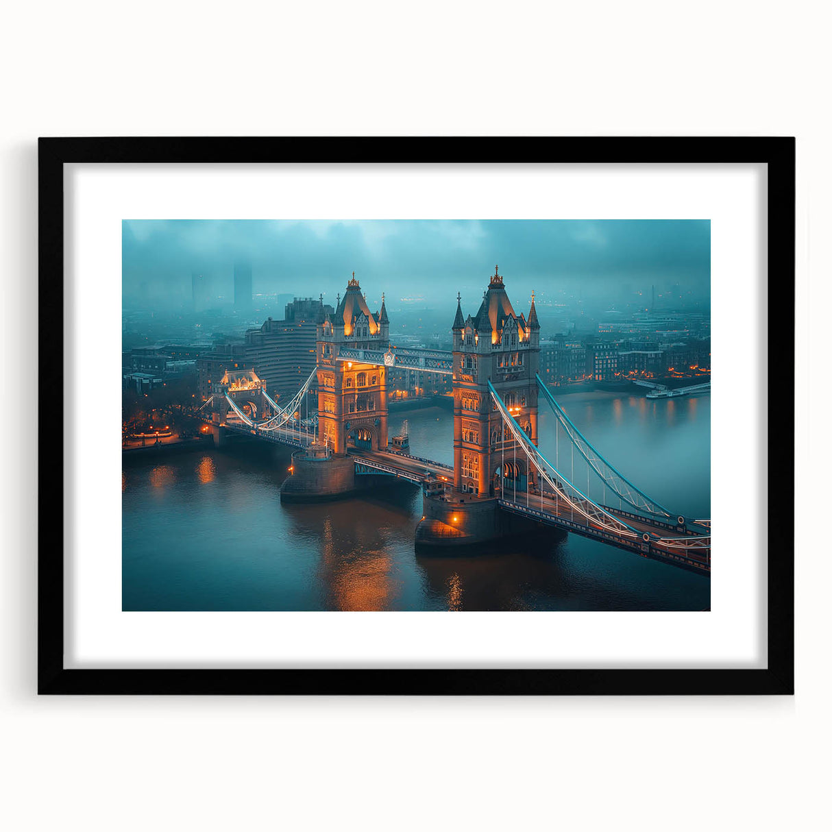 Black-framed wall art showcasing a scenic landscape with a bridge, featuring rich colors and intricate details, ideal for modern home decor and interior design.